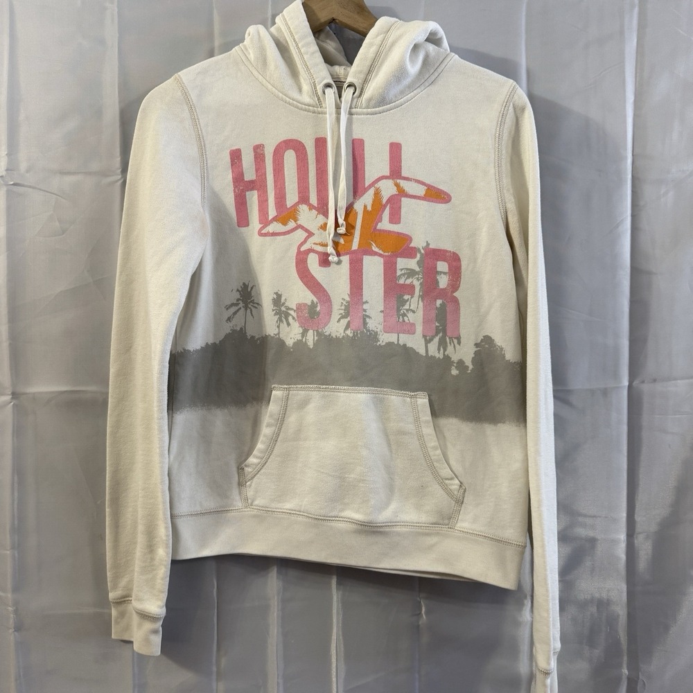 Vintage Y2K Hollister Hoodie Sweatshirt Womens L Beach Palm Trees Ivory Pink